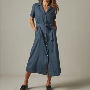 American Giant Linen Blend Shirt Dress M Blue Midi Short Sleeve Belted Pockets